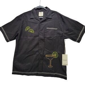 MASSIVE LUXURY Black Short Sleeve Button Up Shirt Mens Med Margarita Embroidery‎